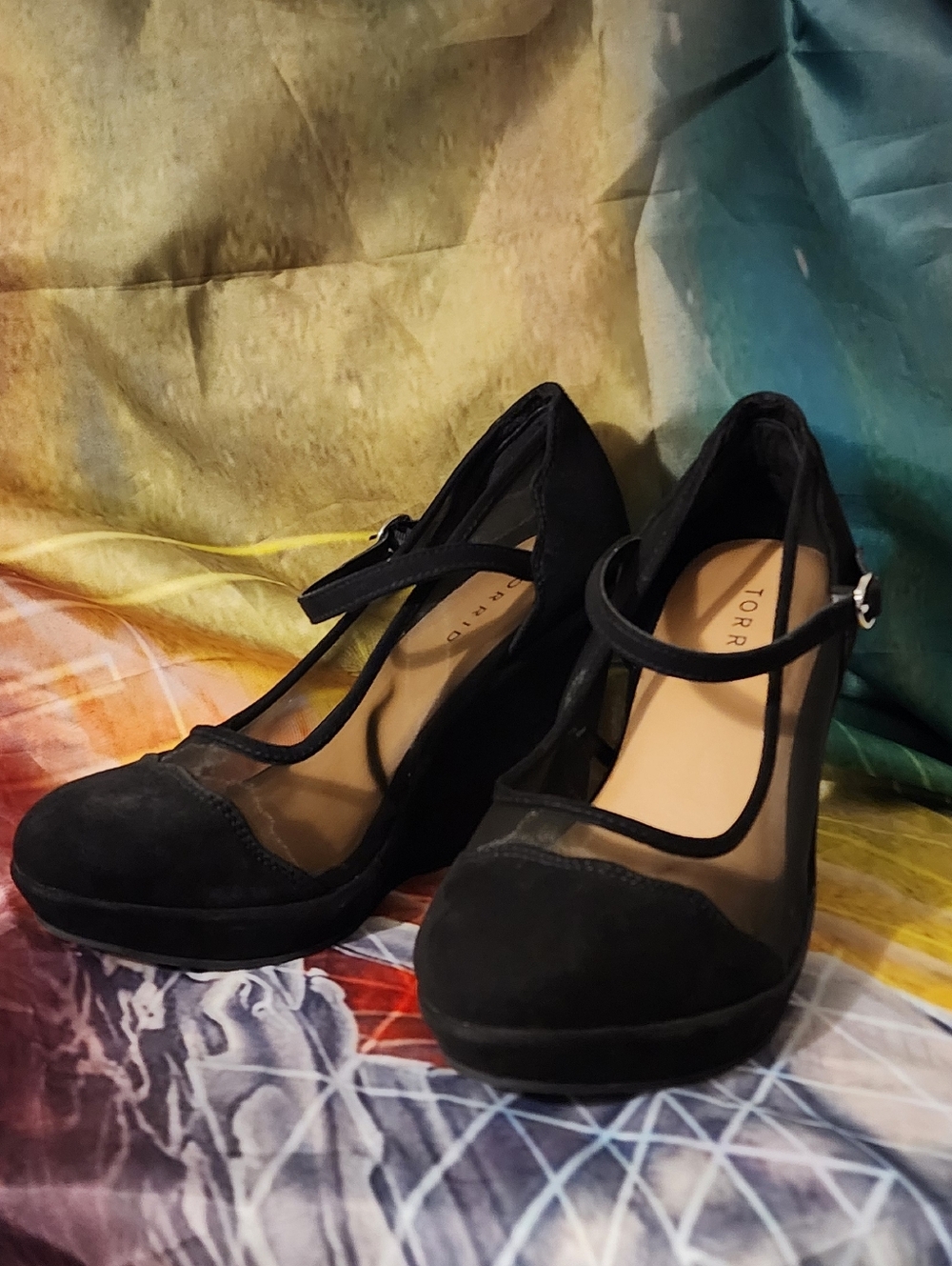 Torrid Black Mesh & Suede T-Strap Heels